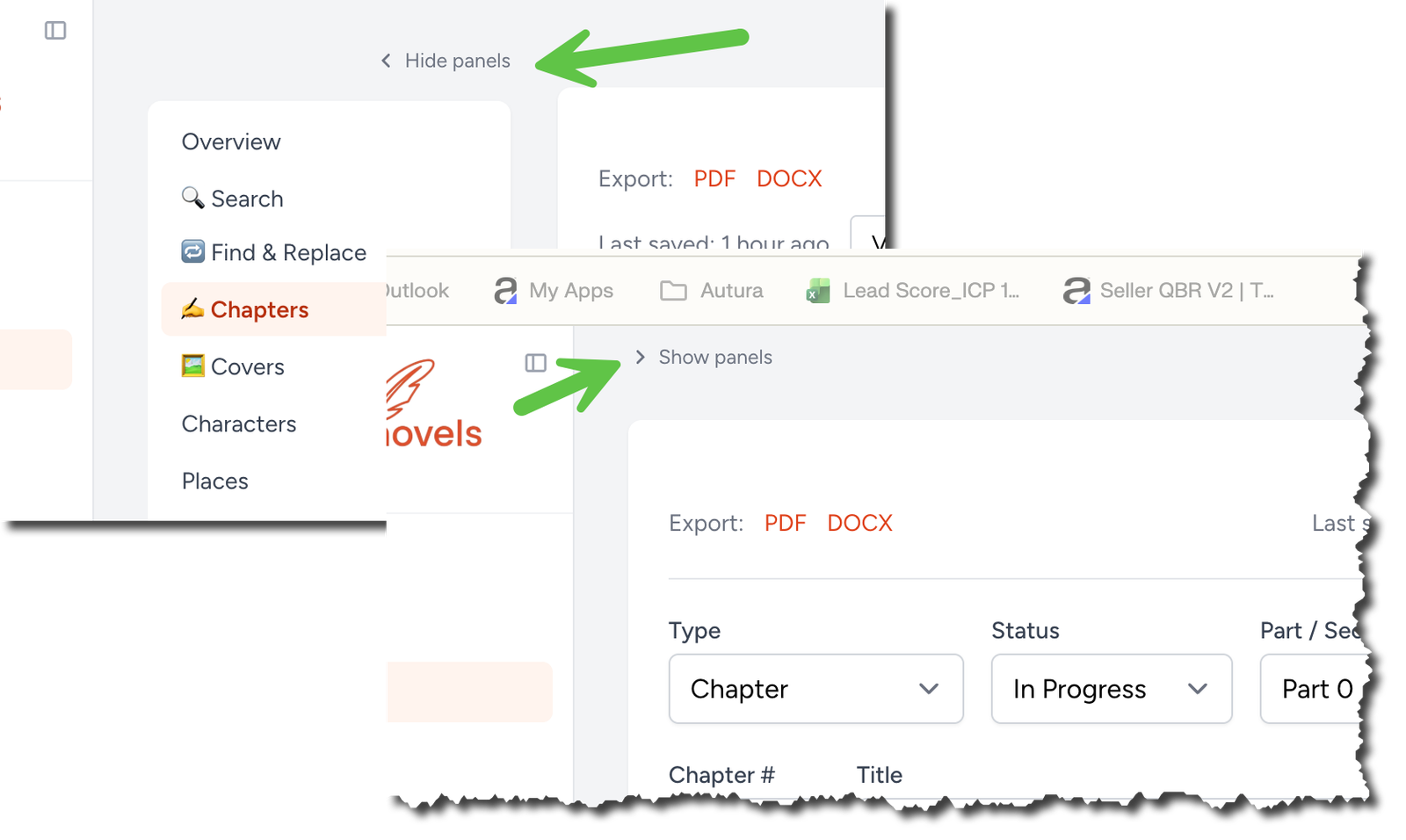 Hide the side panels for a wider chapter editor